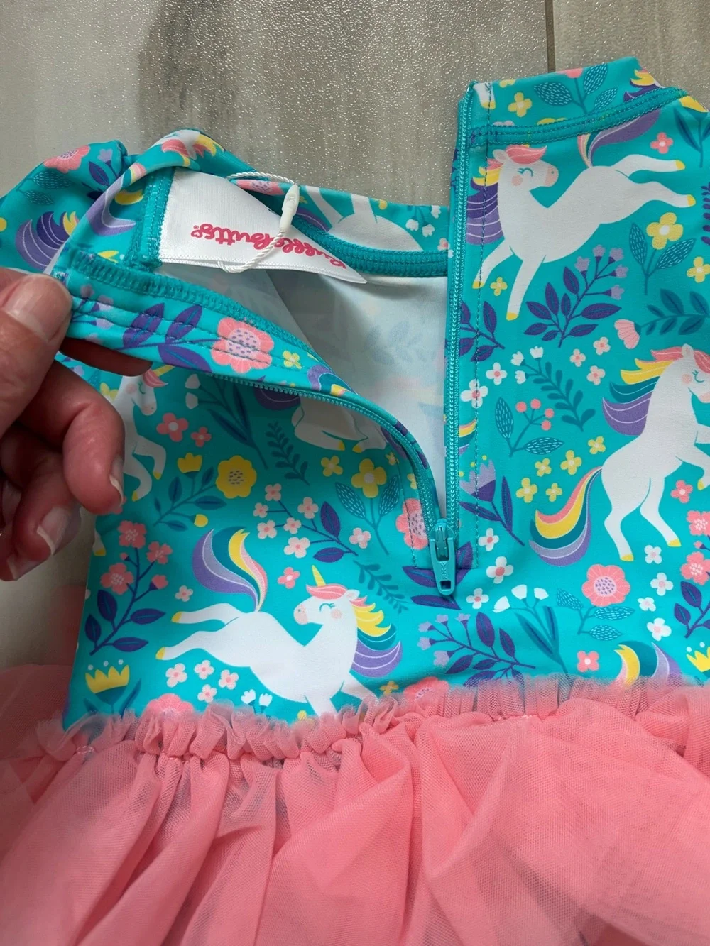 NWT RuffleButts Colorful Aqua Unicorn Meadow Tutu Rash Guard Swimsuit Girls 0-3M